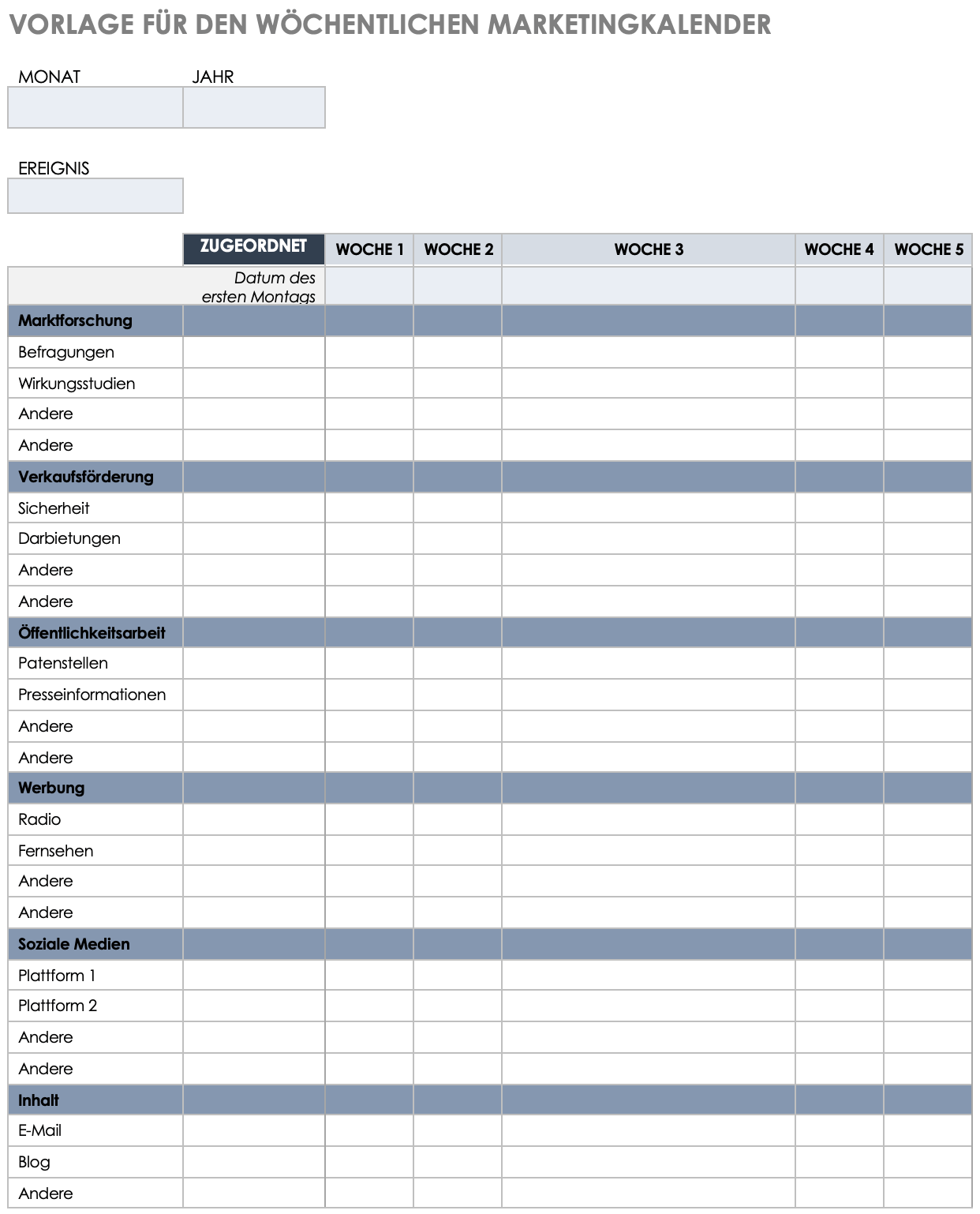 Vorlage für einen wöchentlichen Marketingkalender