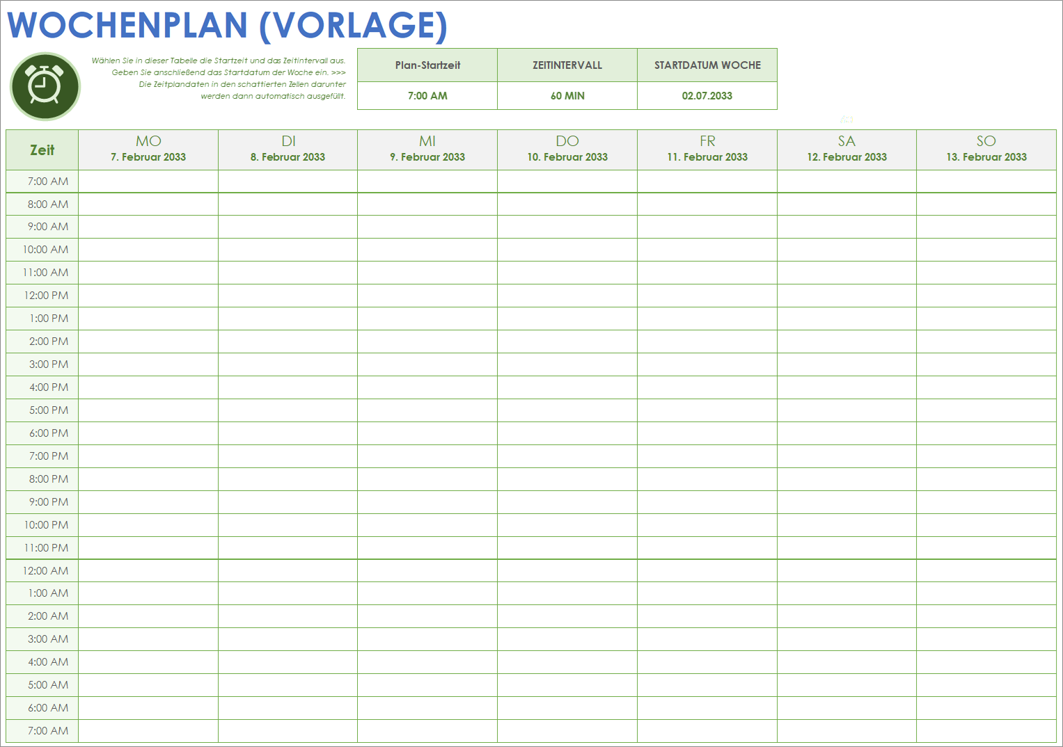 Vorlage für einen Wochenzeitplan