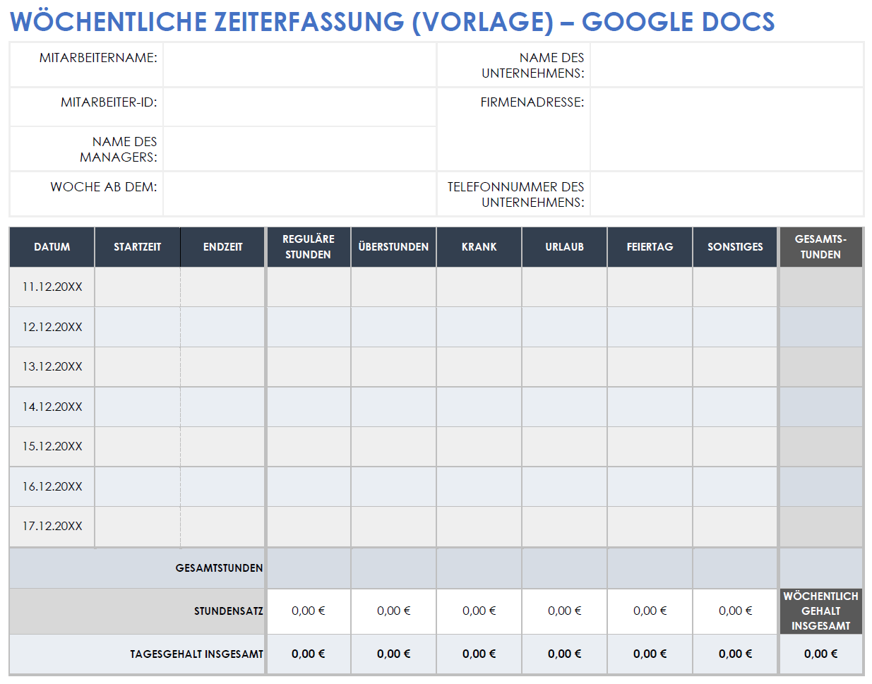 Vorlage für die wöchentliche Zeiterfassung