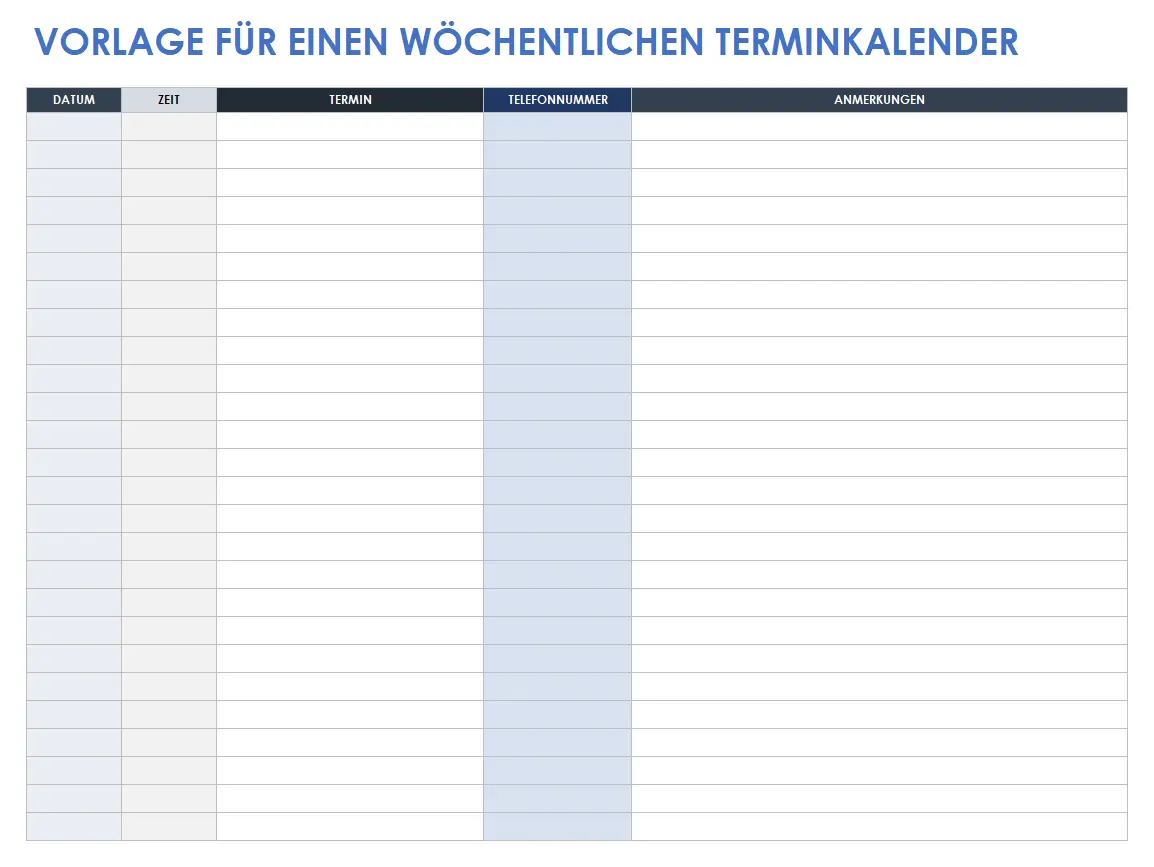 Vorlage für einen wöchentlichen Terminkalender