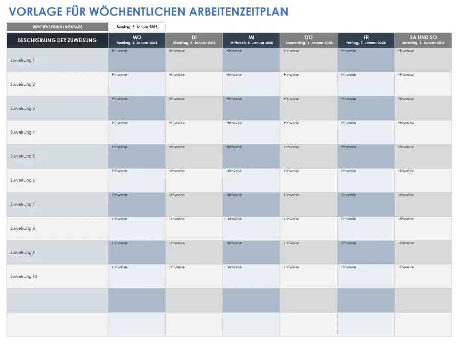 Vorlage für einen wöchentlichen Aufgabenplan