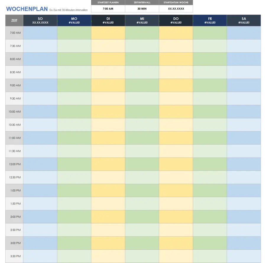 Wochenplan So-Sa im 30-Minuten-Takt