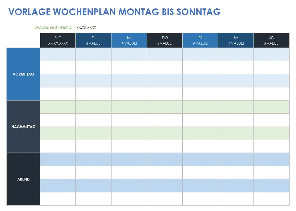 Vorlage für Wochenplan Mo-So