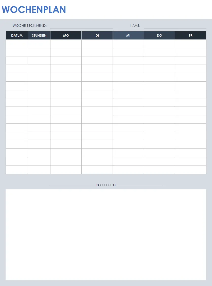 Arbeitsplan 5 Tage mit Notizen-Vorlage