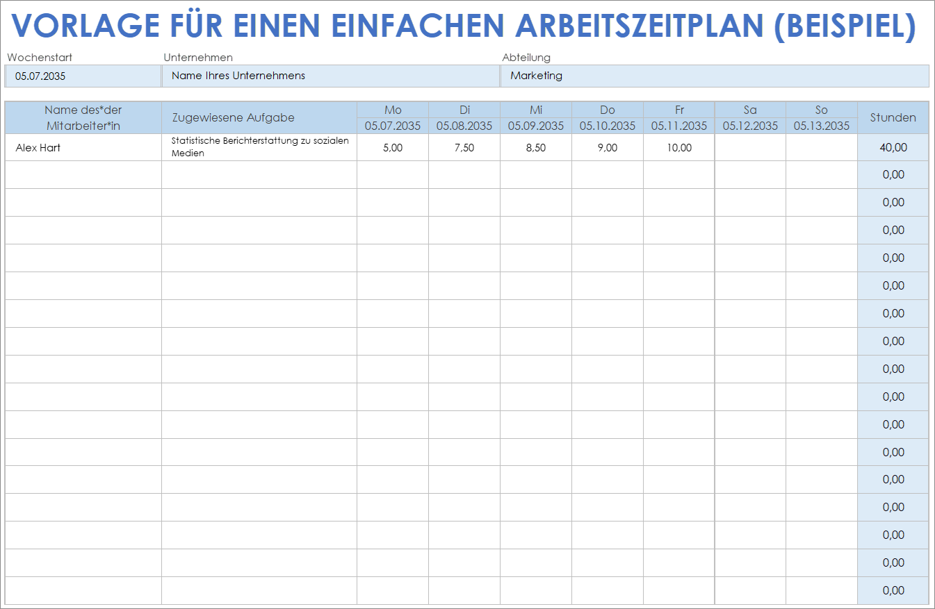 Vorlage für einen einfachen Arbeitszeitplan (Beispiel)