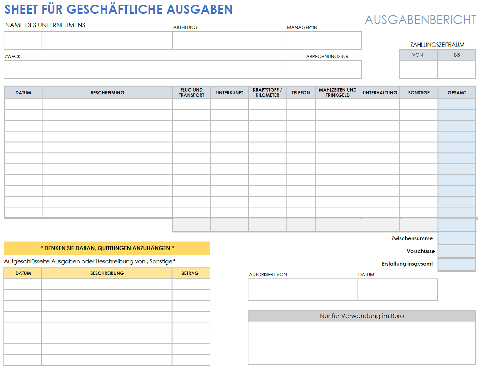 Sheet für geschäftliche Ausgaben