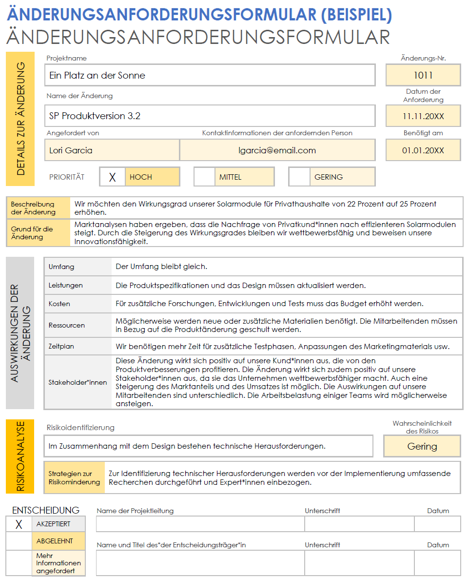 Vorlage für ein Änderungsanforderungsformular (Beispiel)