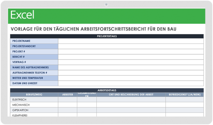  Vorlage für einen täglichen Arbeitsfortschrittsbericht im Baugewerbe