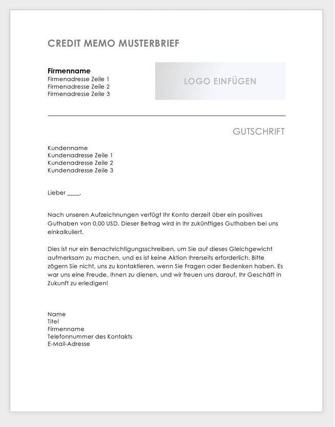  Musterbrief für eine Gutschrift