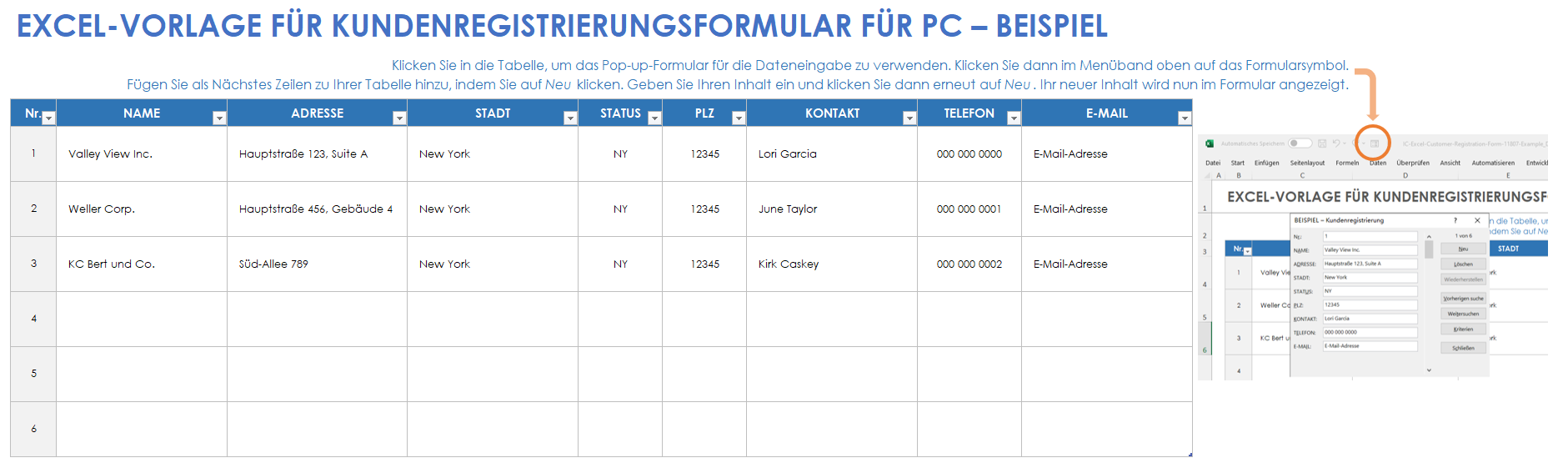 Excel-Vorlage für ein Kundenregistrierungsformular (Beispiel)