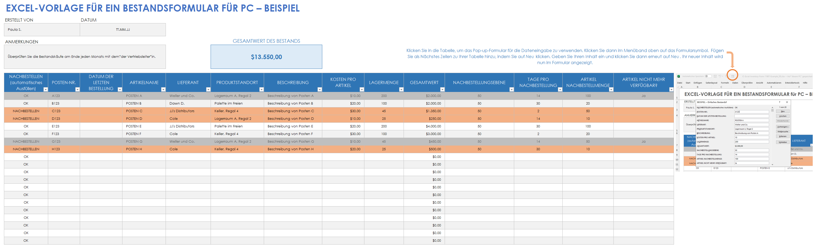 Excel-Vorlage für ein Bestandsformular (Beispiel)