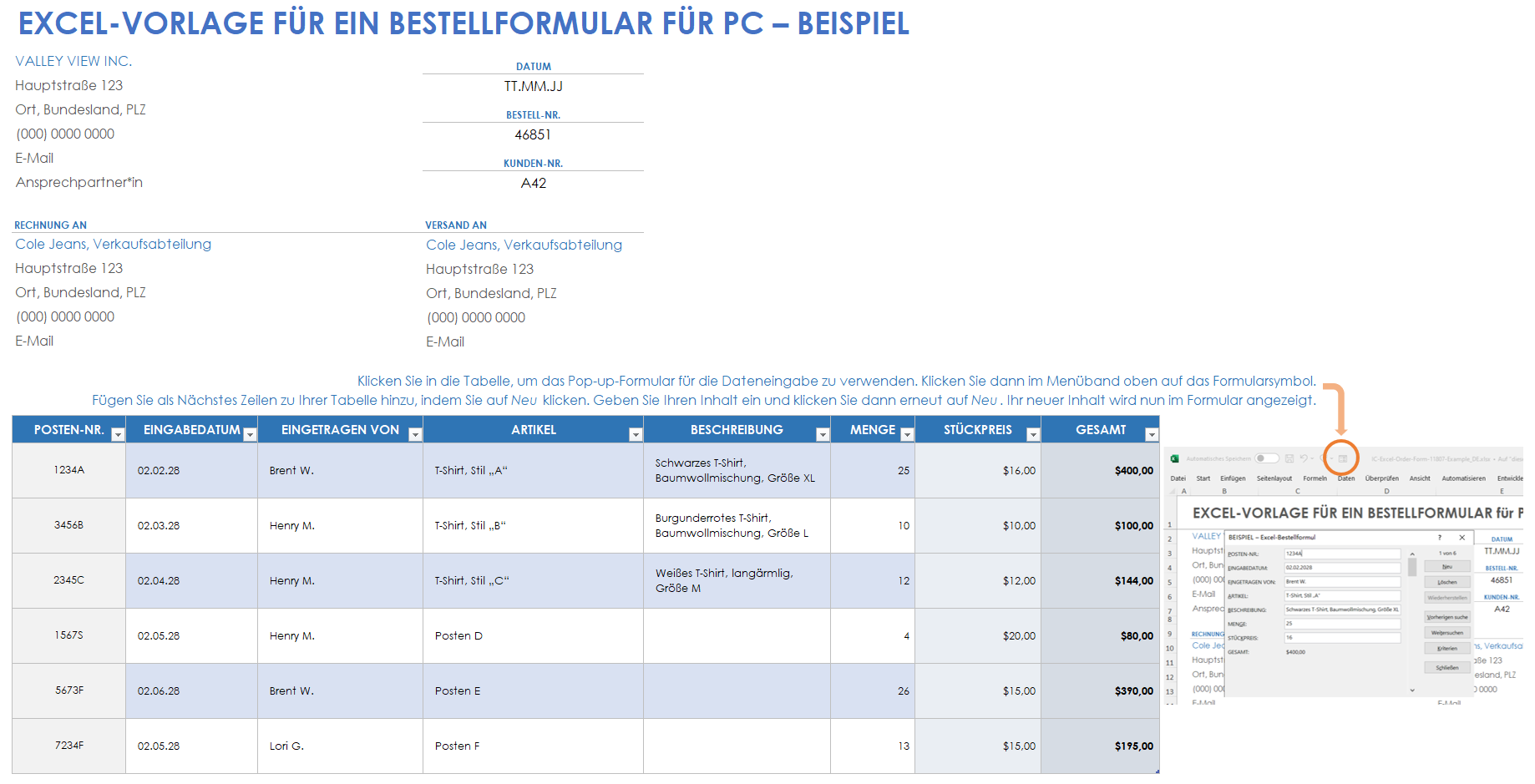 Excel-Vorlage für ein Bestellformular (Beispiel)