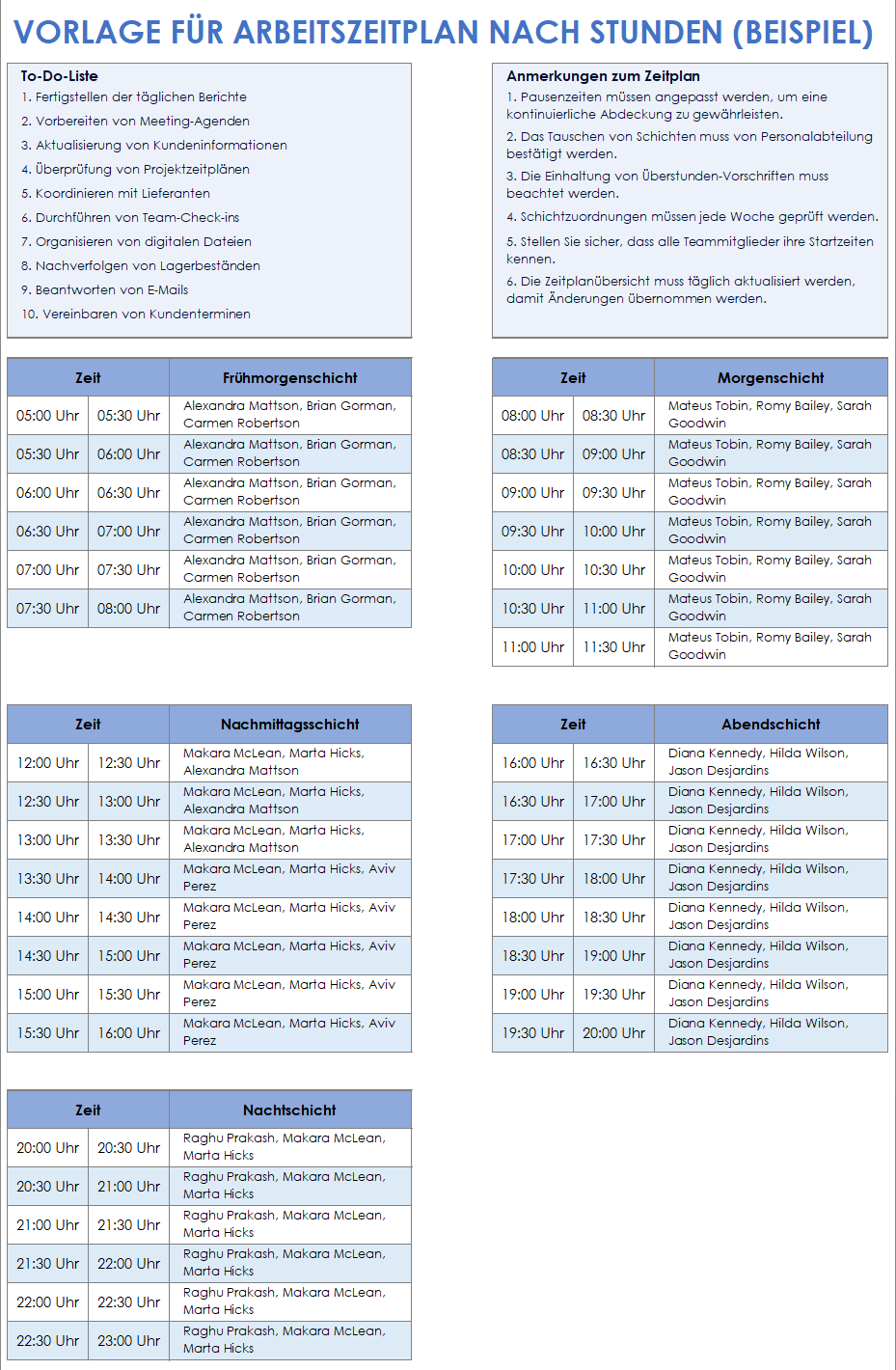 Vorlage für Arbeitszeitplan nach Stunden (Beispiel)