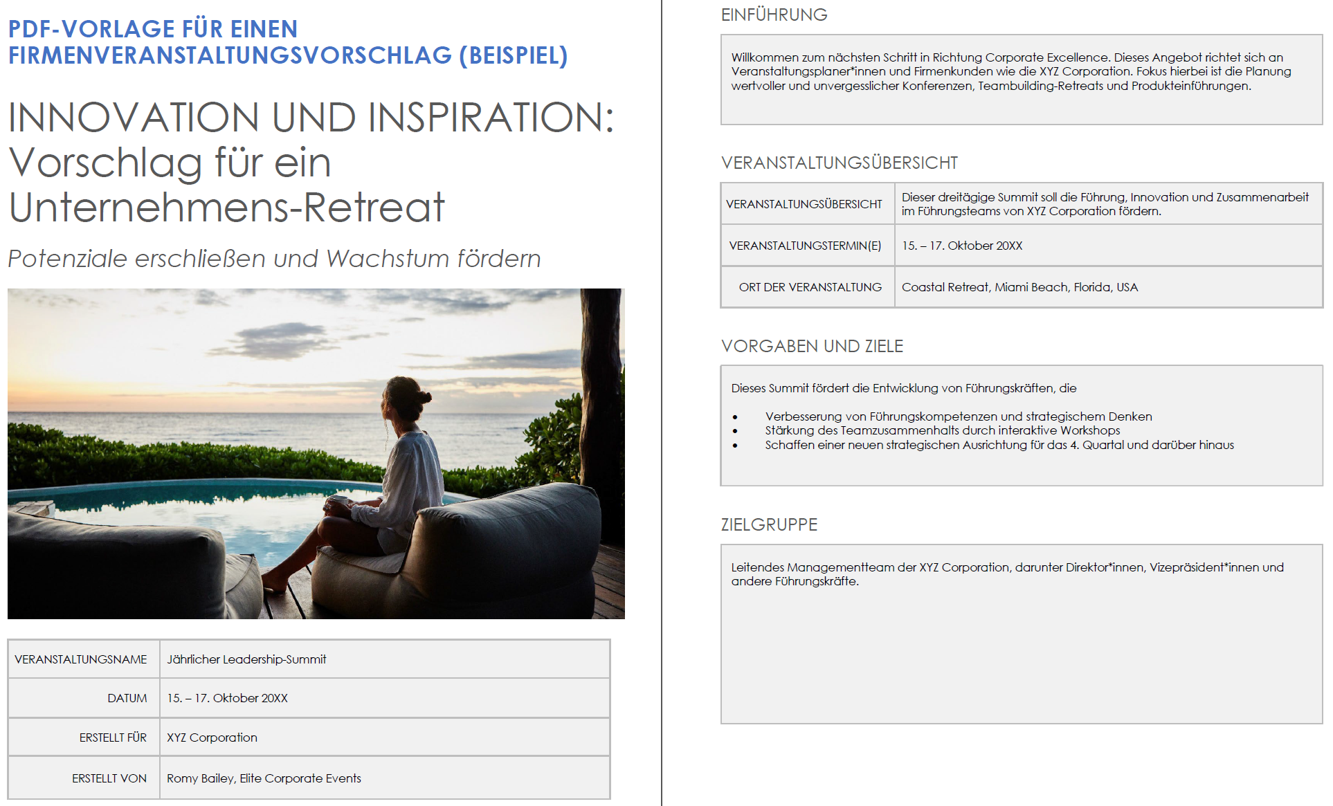 PDF-Vorlage für einen Firmenveranstaltungsvorschlag (Beispiel)