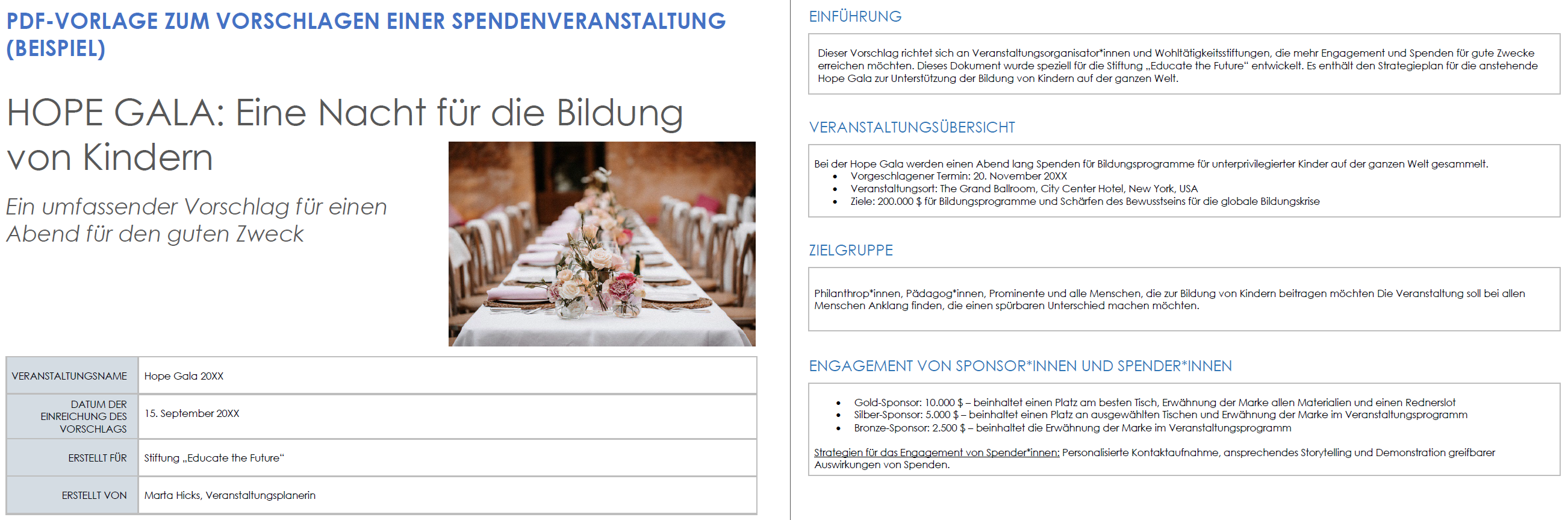 PDF-Vorlage zum Vorschlagen einer Spendenveranstaltung (Beispiel)
