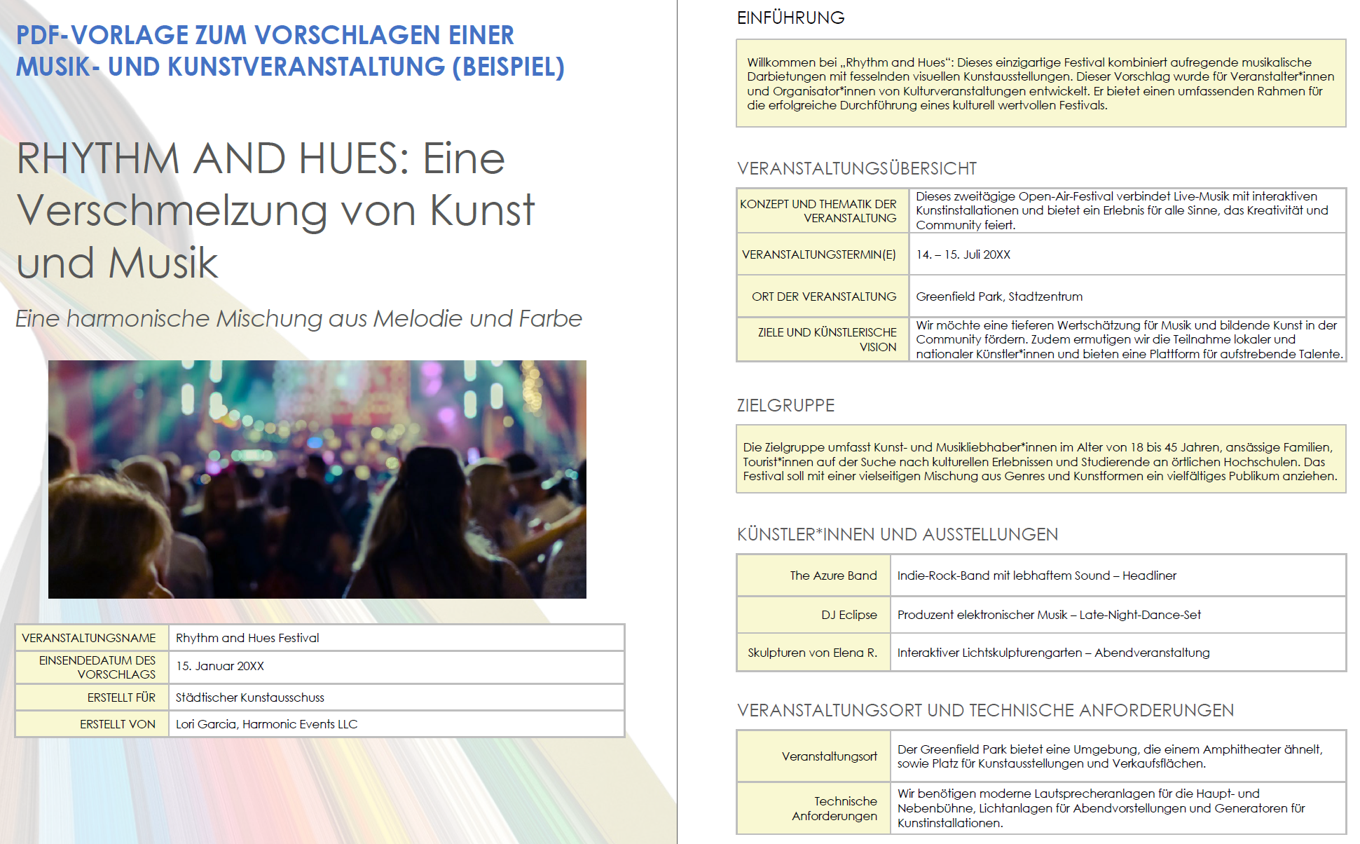 PDF-Vorlage zum Vorschlagen einer Musik- und Kunstveranstaltung (Beispiel)
