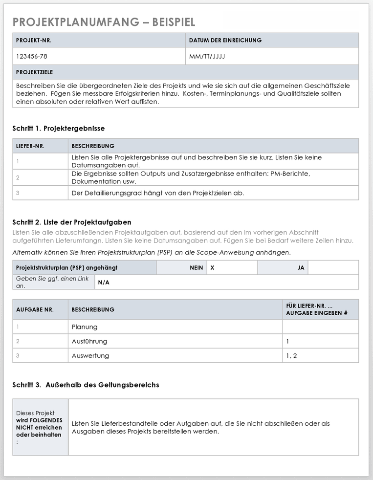  Beispielvorlage für den Umfang eines Projektplans