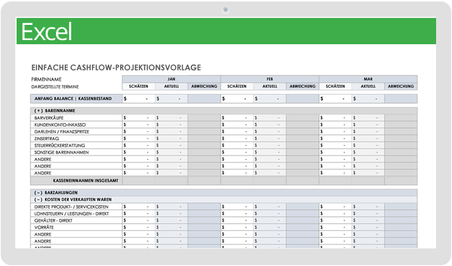 Einfache Vorlage für eine Cashflow-Projektion