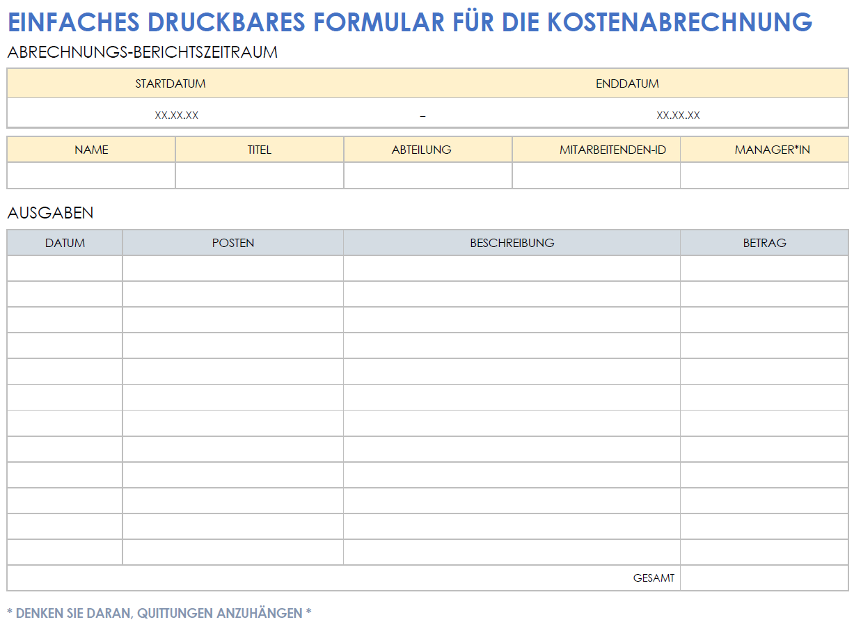 Einfaches druckbares Formular für die Kostenabrechnung