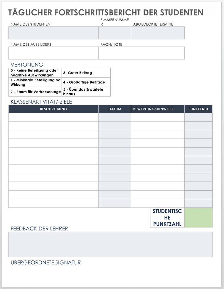  Vorlage für den täglichen Fortschrittsbericht eines Schülers