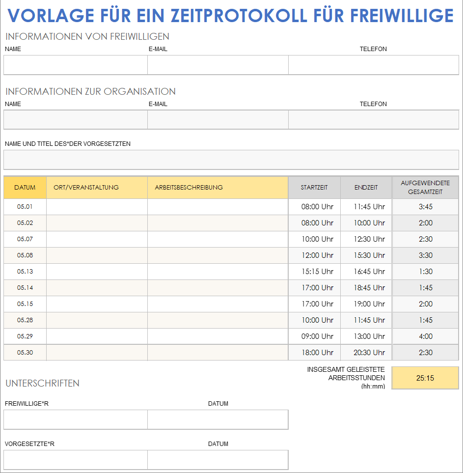 Vorlage für ein Zeitprotokoll für Freiwillige
