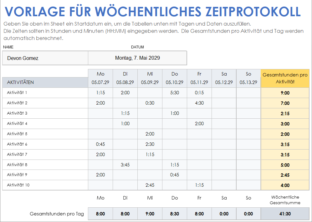 Vorlage für wöchentliches Zeitprotokoll
