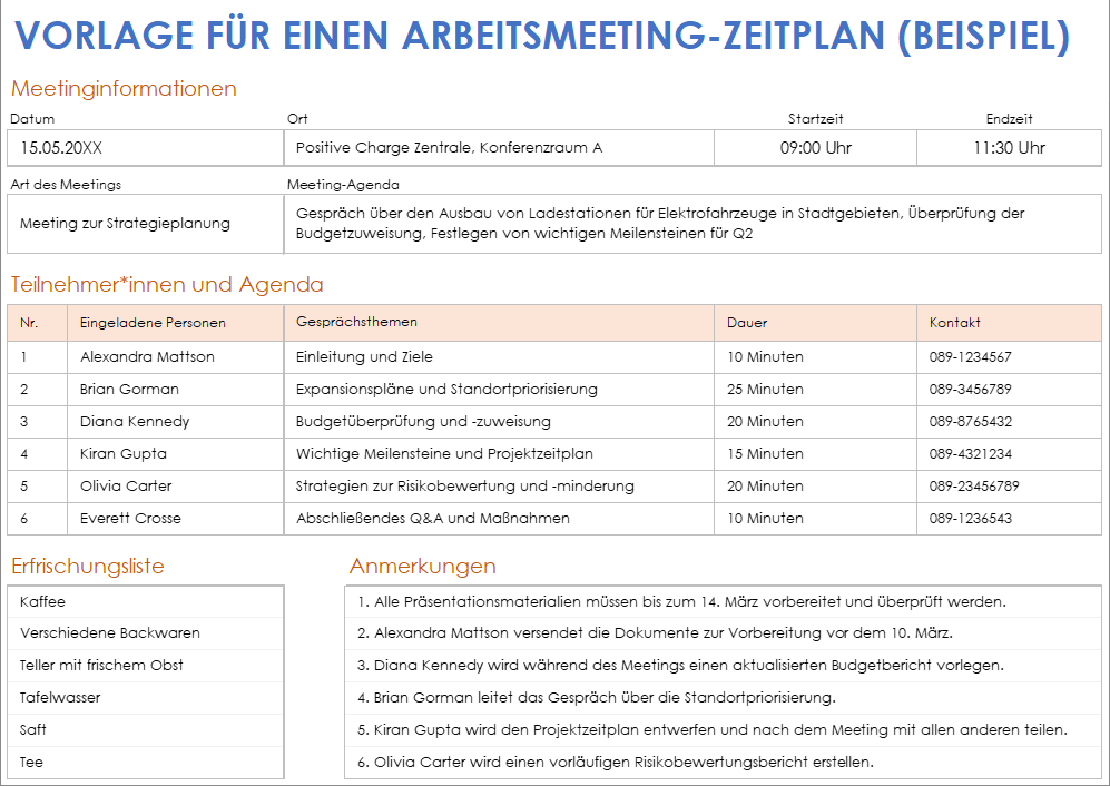 Vorlage für einen Arbeitsmeeting-Zeitplan (Beispiel)