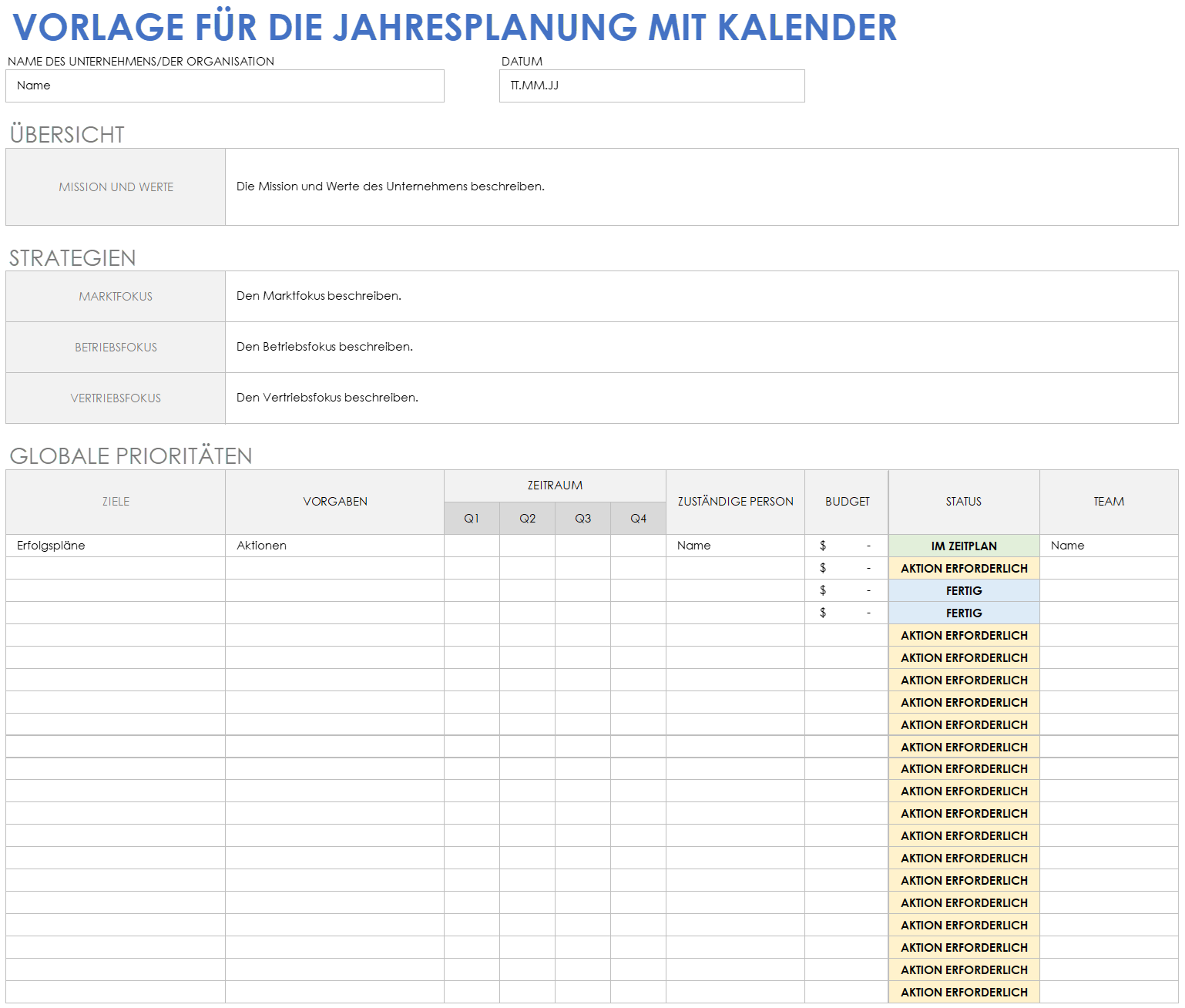 Vorlage für die Jahresplanung mit Kalender
