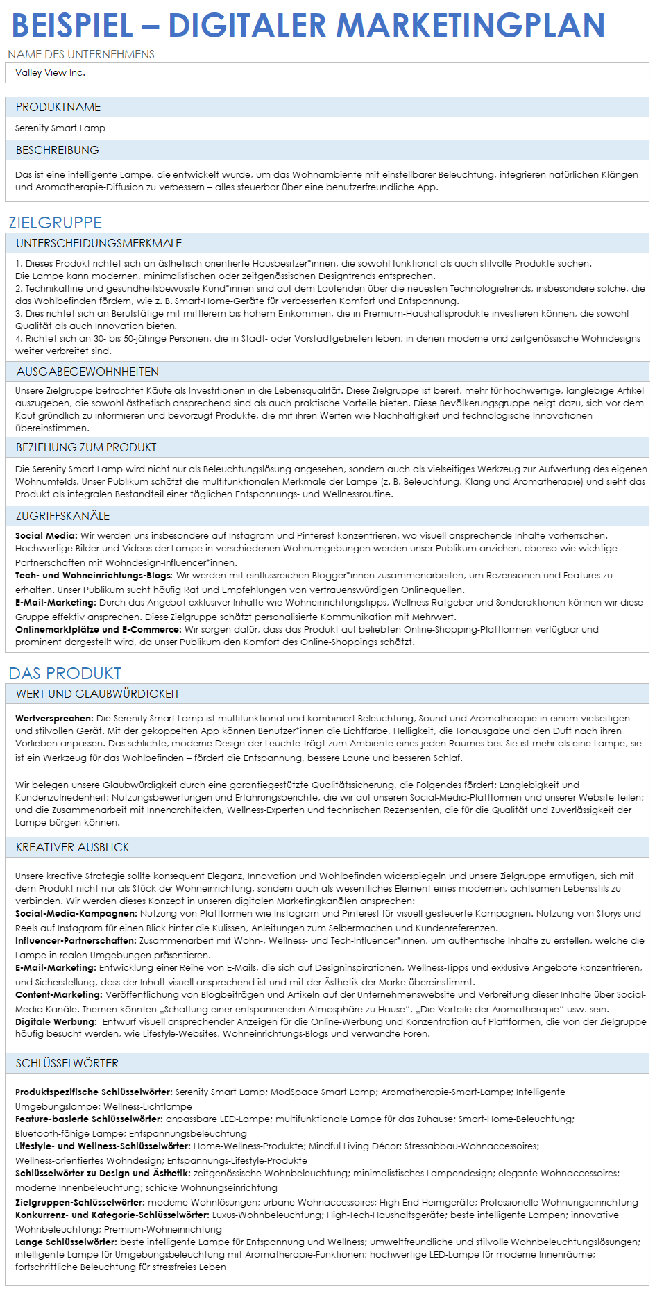 Plan für digitales Marketing (Beispiel)