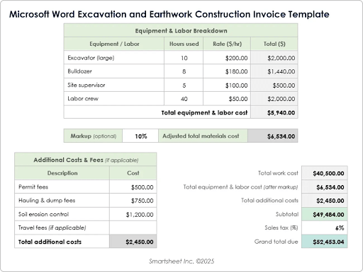 Microsoft Word Ausgrabungs- und Erdbau Rechnungsvorlage