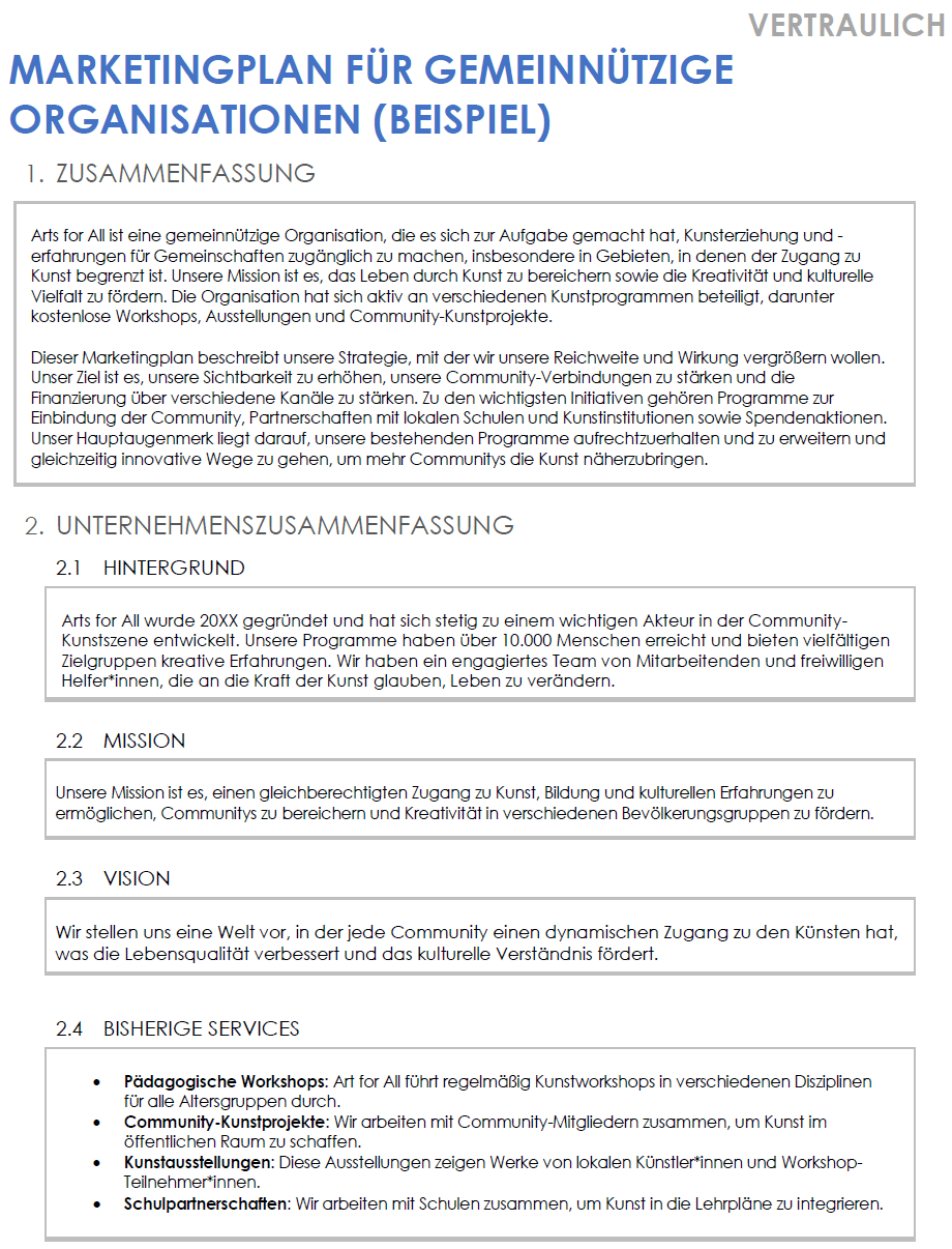 Marketingplan für gemeinnützige Organisationen (Beispiel)