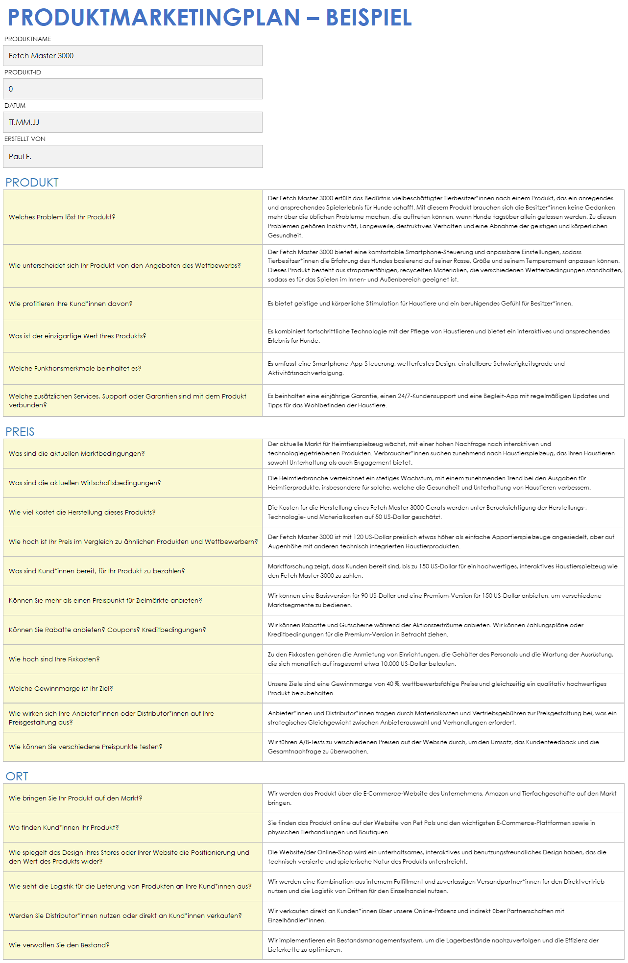 Produktmarketingplan (Beispiel)