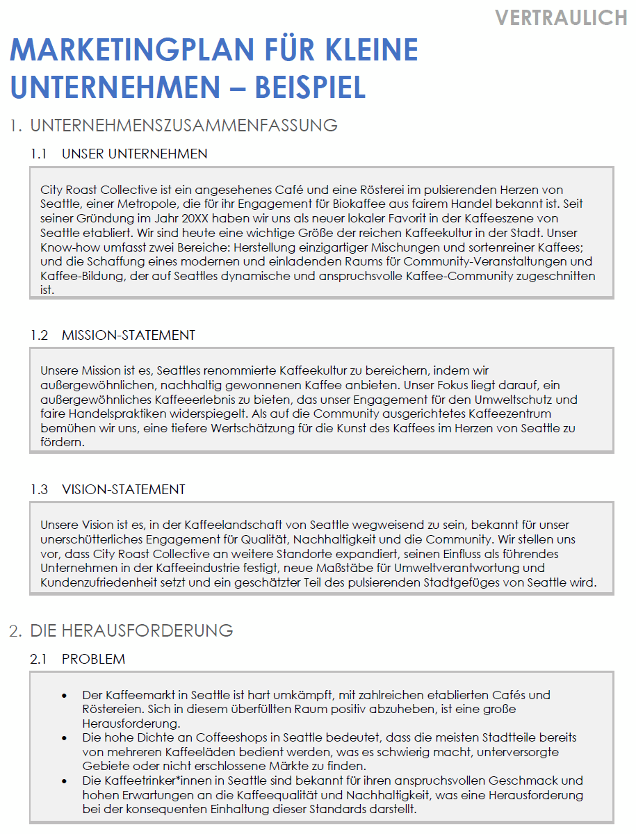 Marketingplan für kleine Unternehmen (Beispiel)