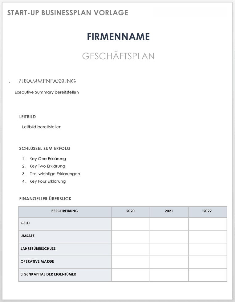 Vorlage für einen Start-up-Geschäftsplan