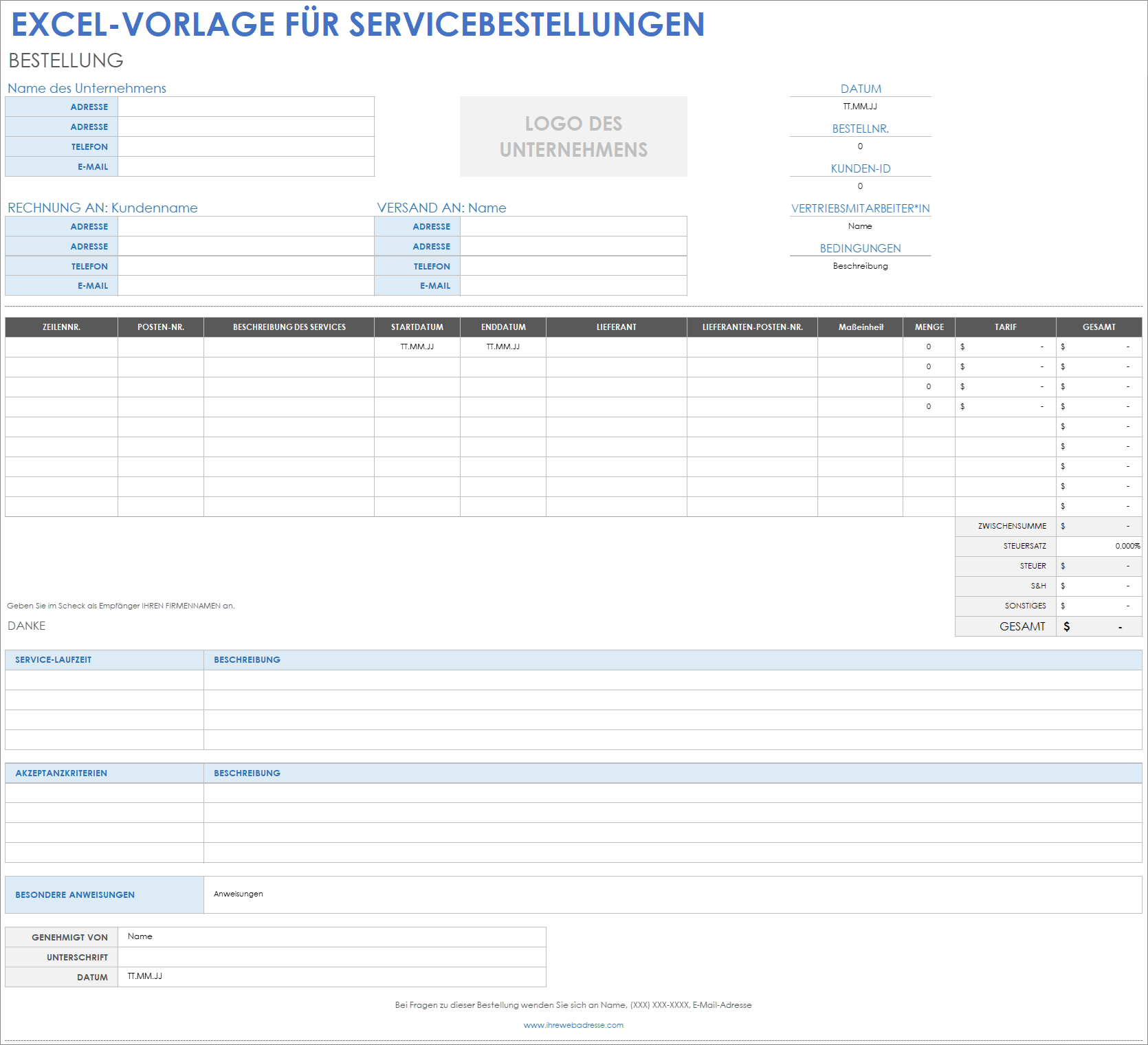  Excel Vorlage für Servicebestellungen