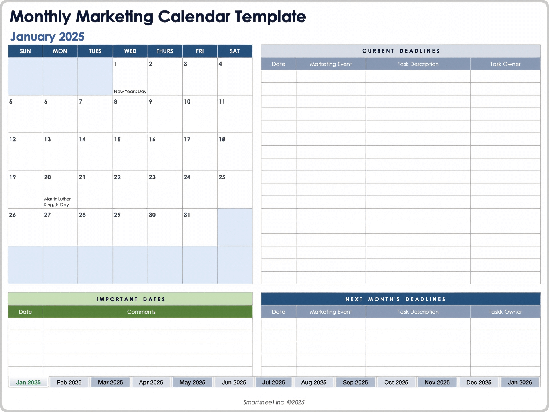 Vorlage für einen monatsbasierten Marketingkalender 2025