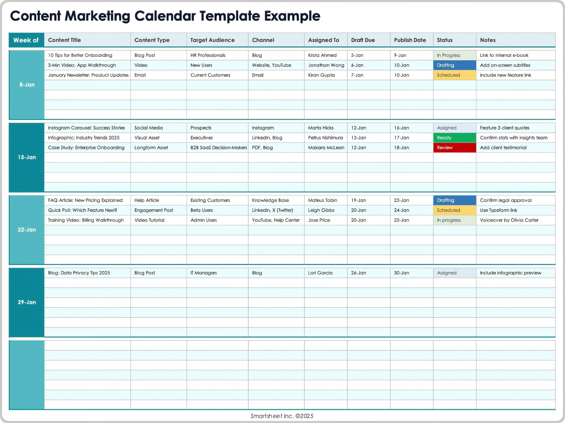Beispiel für eine Vorlage für einen Content-Marketingkalender