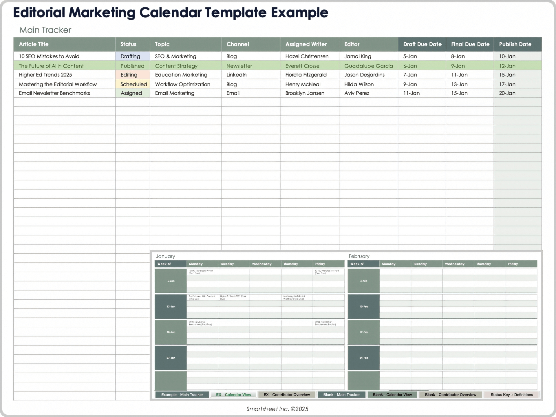 Beispiel für eine Vorlage für einen redaktionellen Marketingkalender