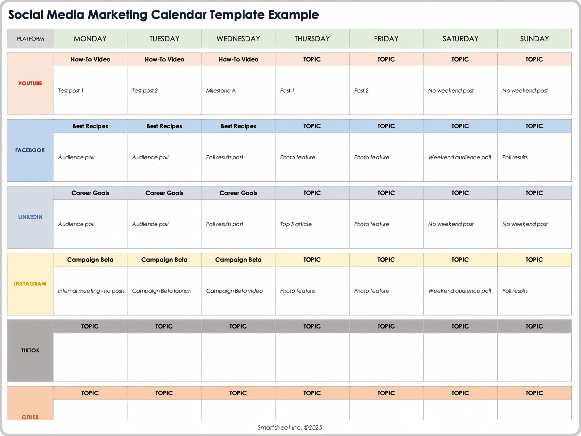 Beispiel für eine Vorlage für einen Marketingkalender für soziale Medien