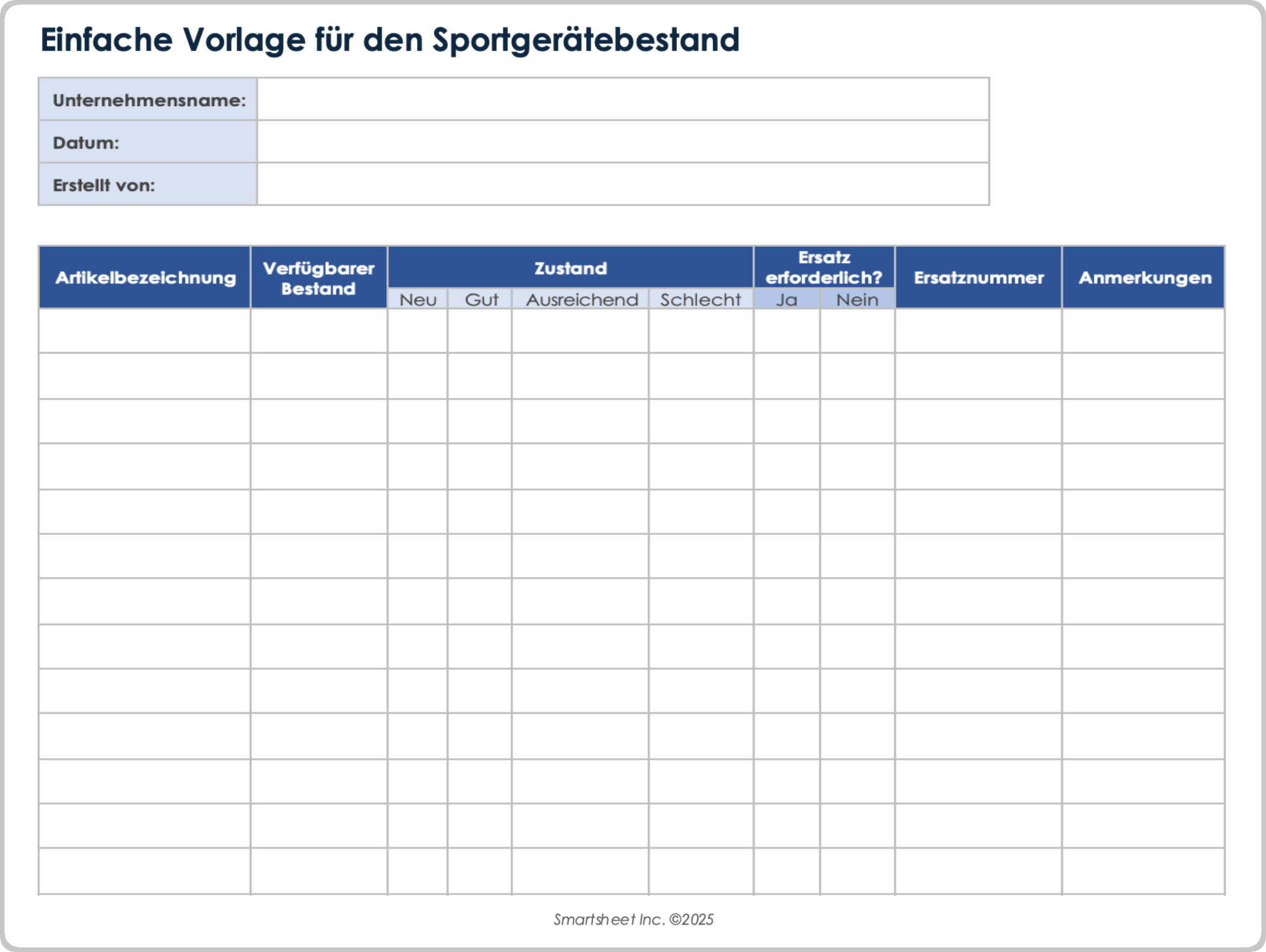 Einfache Vorlage für den Sportgerätebestand