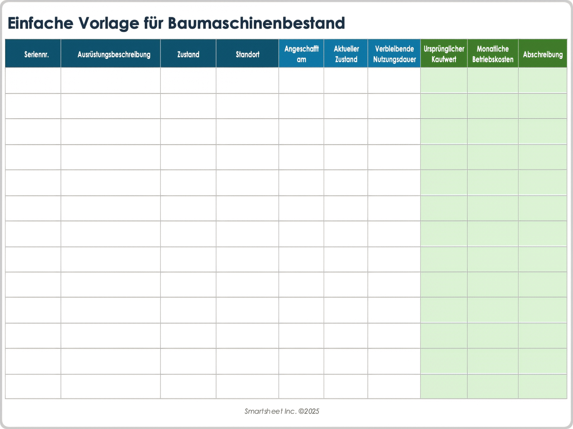 Einfache Vorlage für Baumaschinenbestand