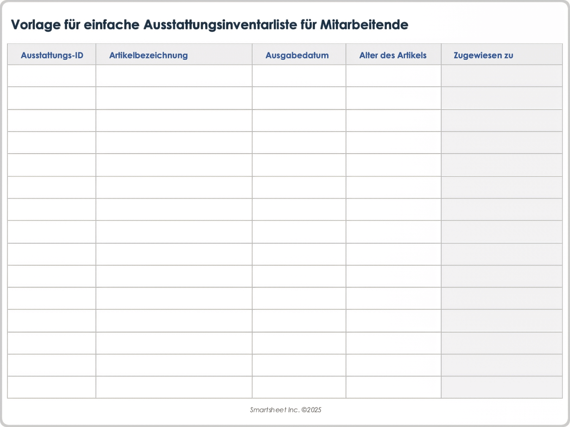Vorlage für einfache Ausstattungsinventarliste für Mitarbeitende