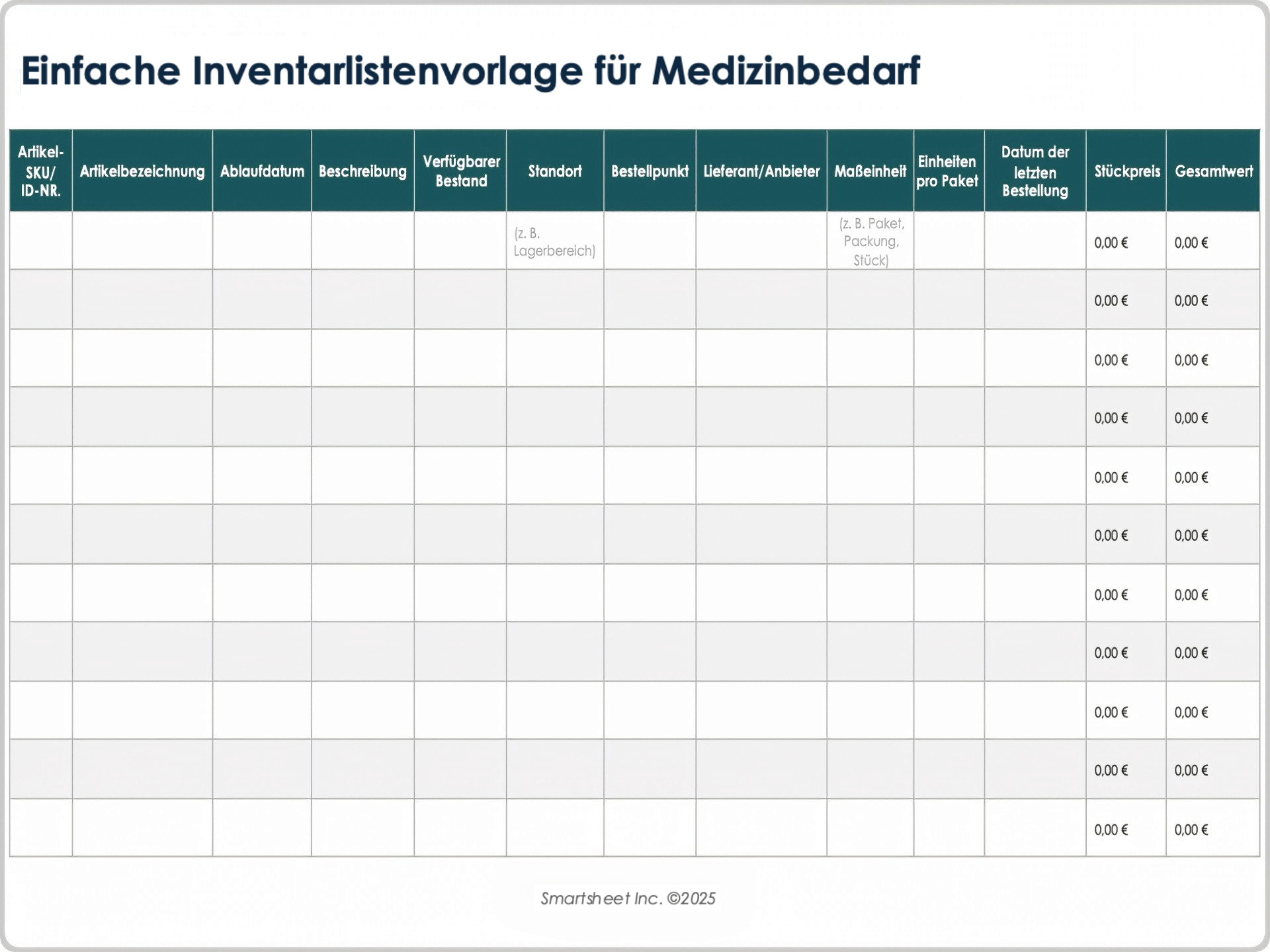 Einfache Inventarlistenvorlage für Medizinbedarf
