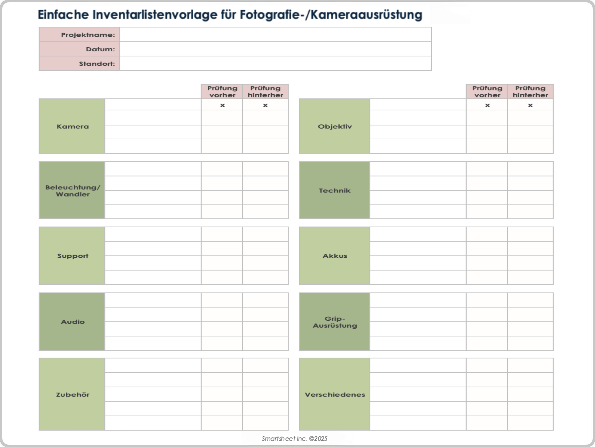 Einfache Inventarliste von Fotografie-/Kameraausrüstung