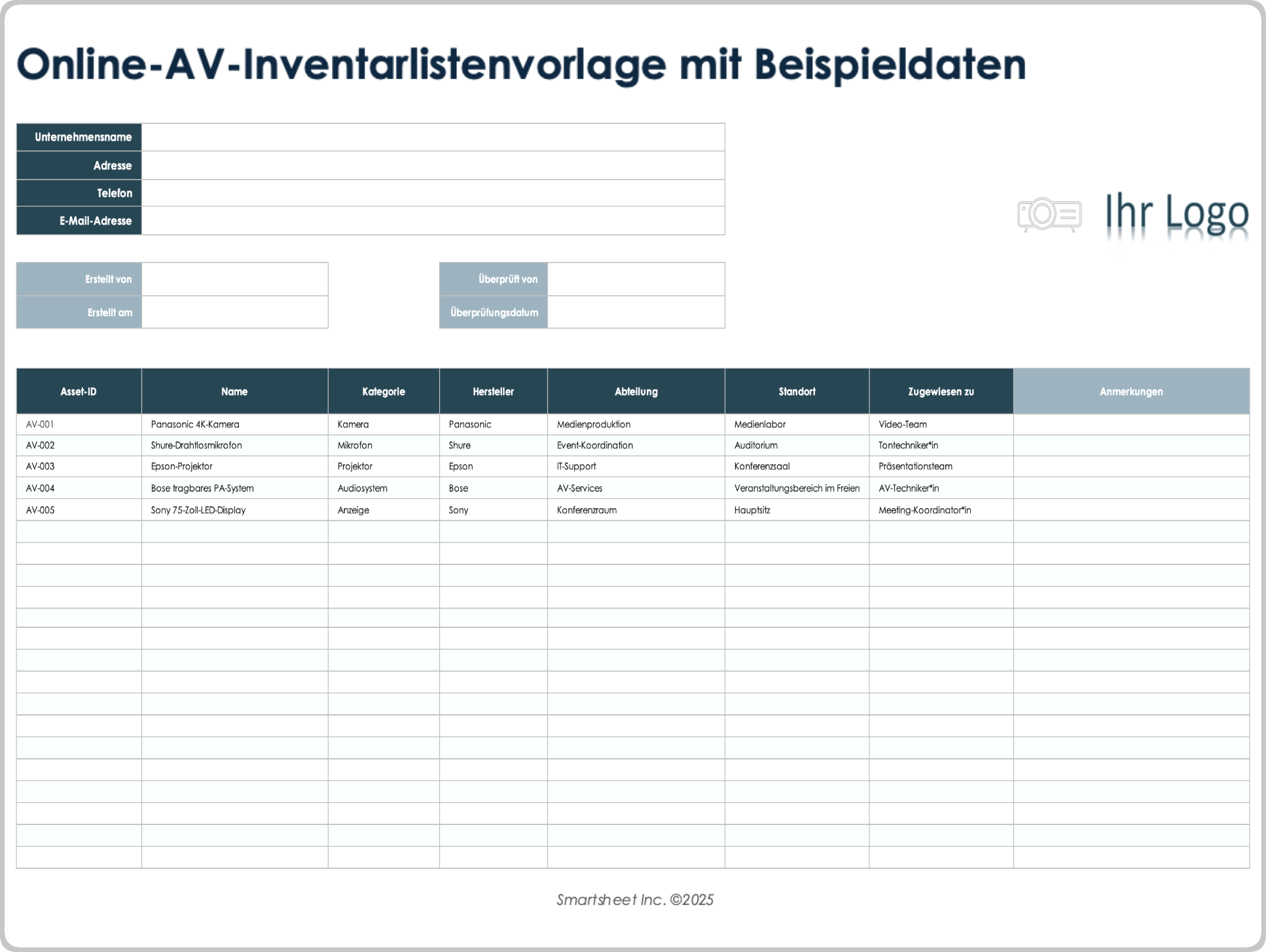 Beispielvorlage für Online-AV-Inventarliste