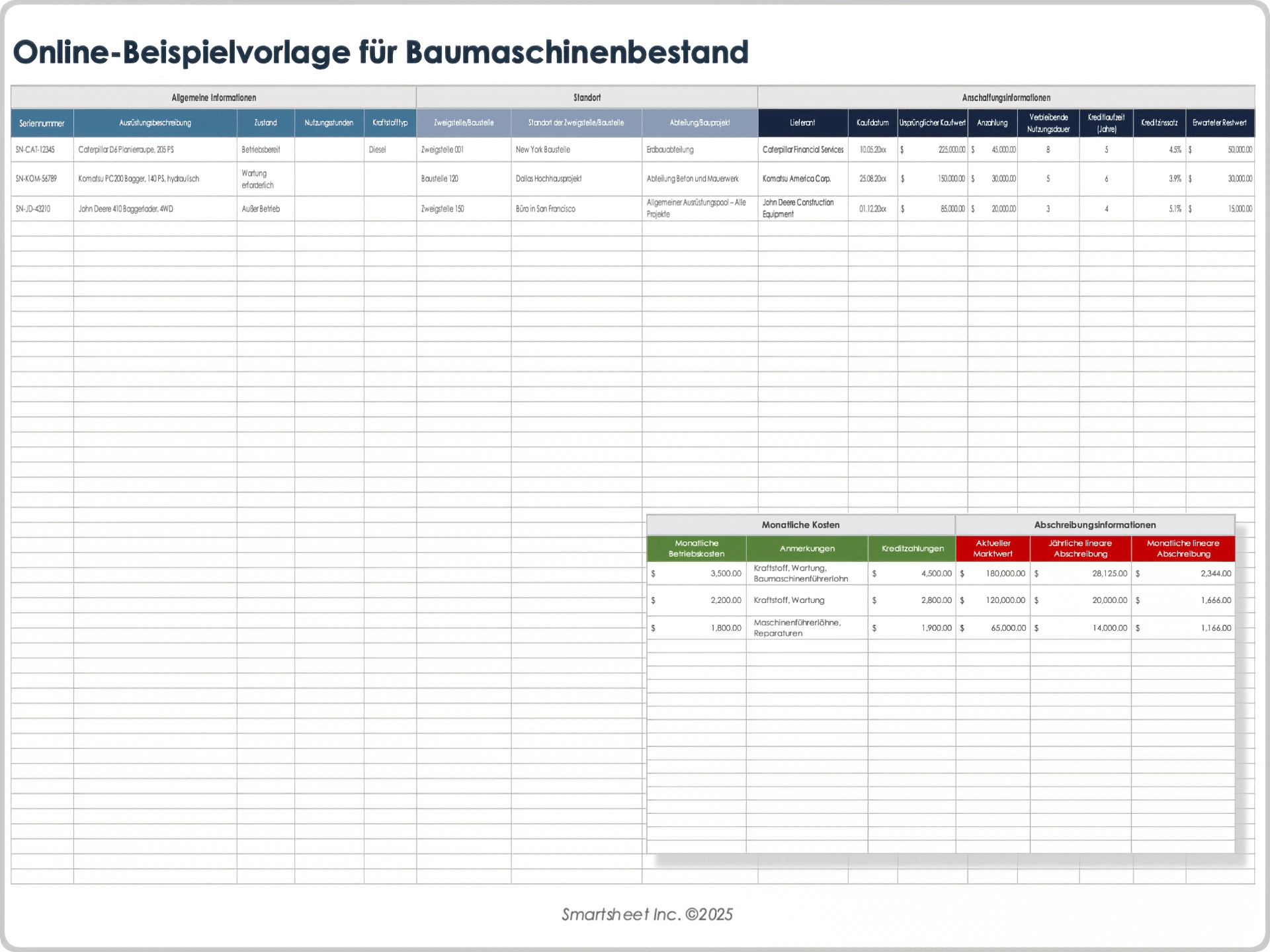 Beispielvorlage für Online-Baumaschinenbestand
