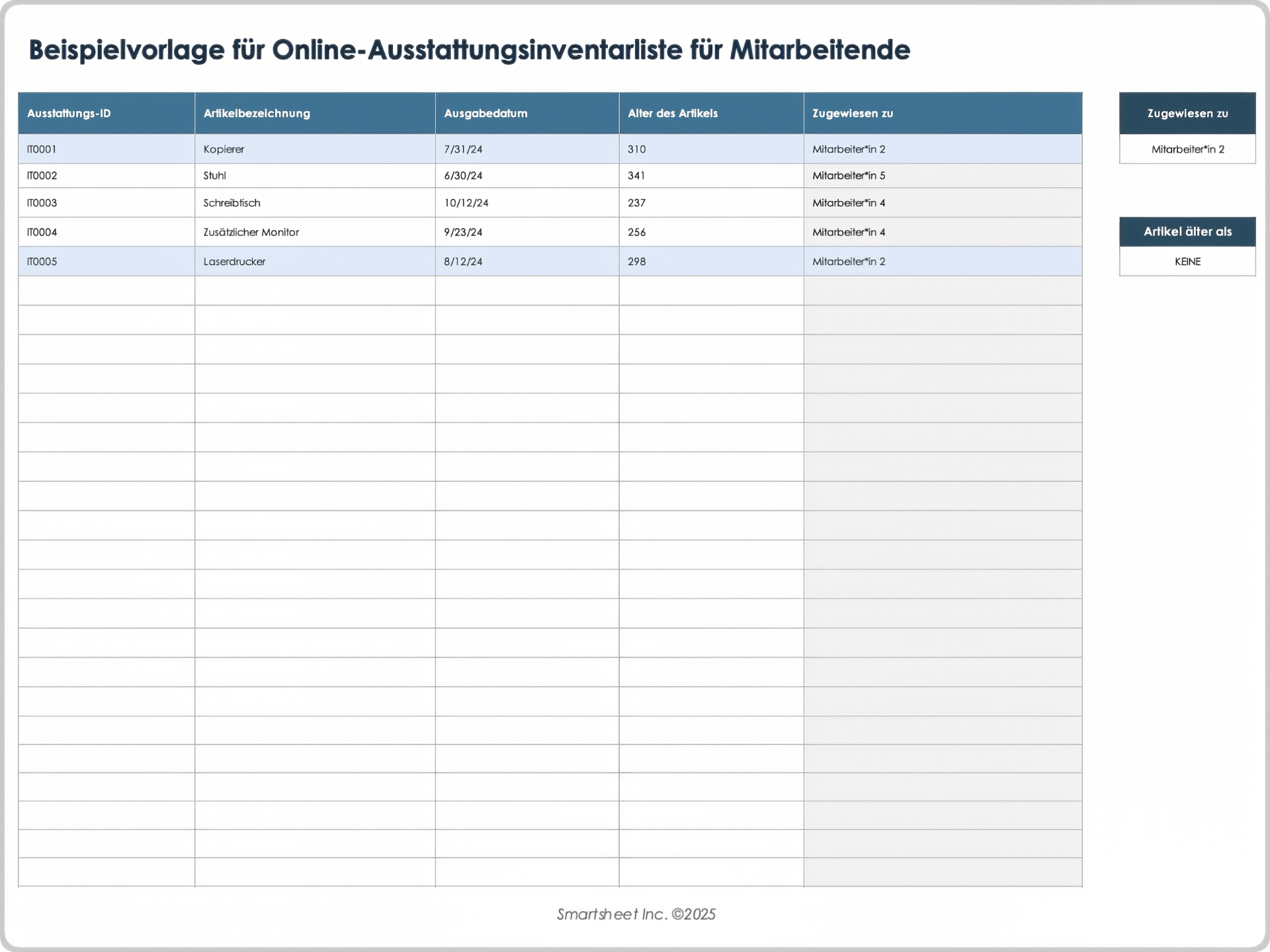 Beispielvorlage für Online-Ausstattungsinventarliste für Mitarbeitende