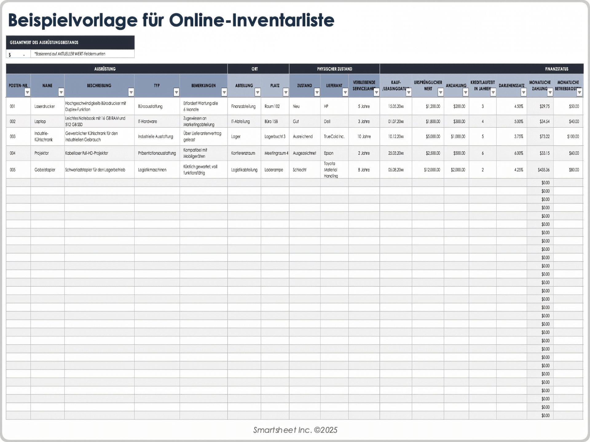 Beispielvorlage für Online-Inventarliste