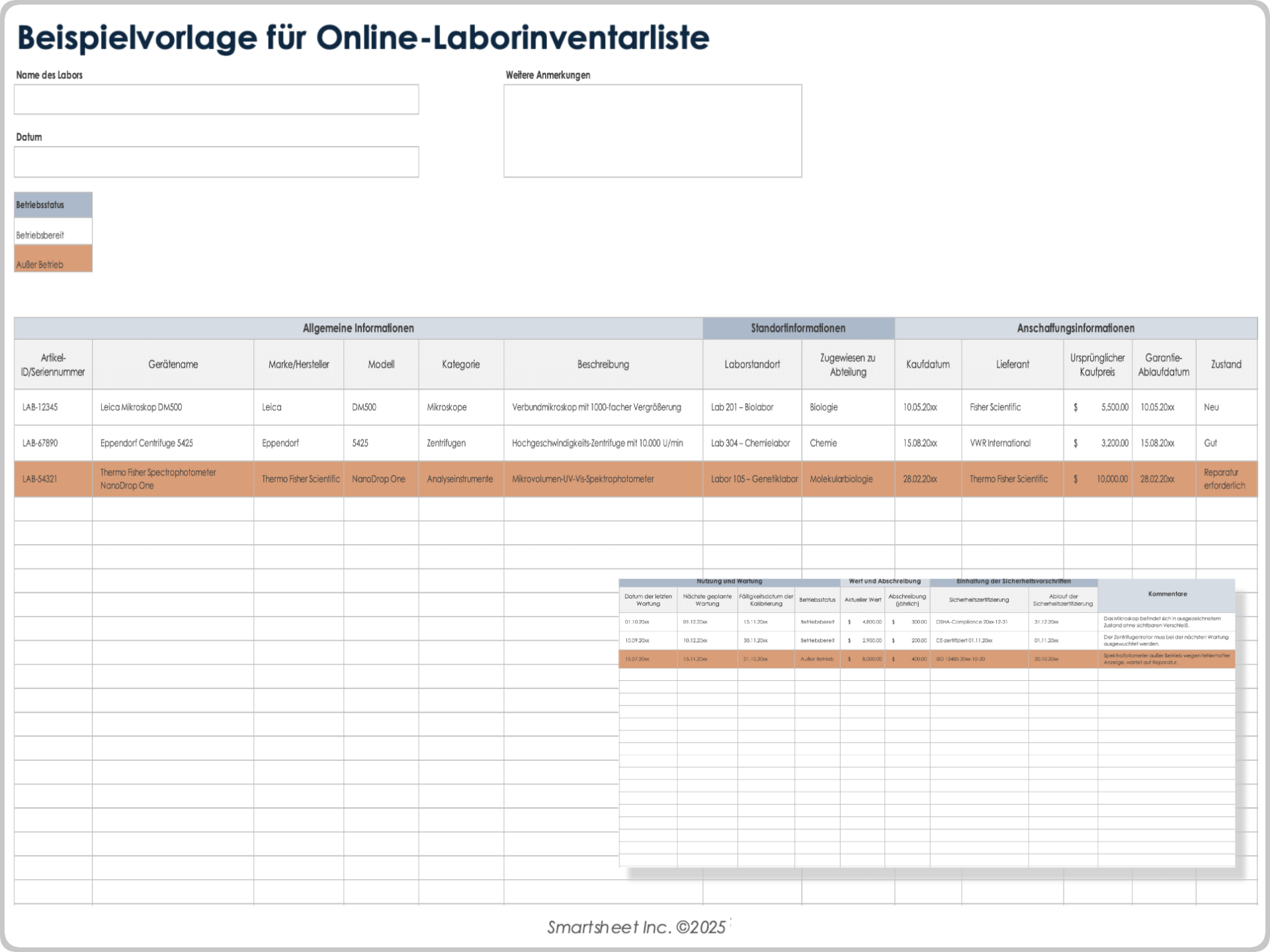 Beispielvorlage für Online-Laborinventarliste