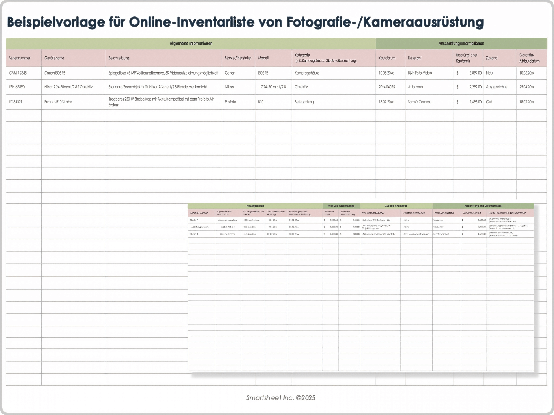 Online-Inventarlistenvorlage für Fotografie-/Kameraausrüstung mit Beispieldaten